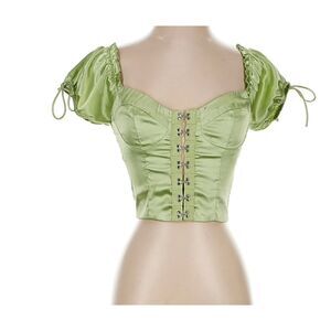 Princess Polly - Green Satin Corset Style Top with Puff Sleeve